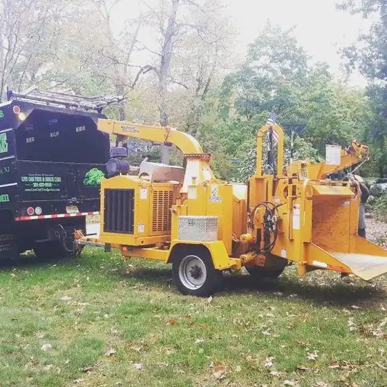 Yellow brush chipper working through cut limbs