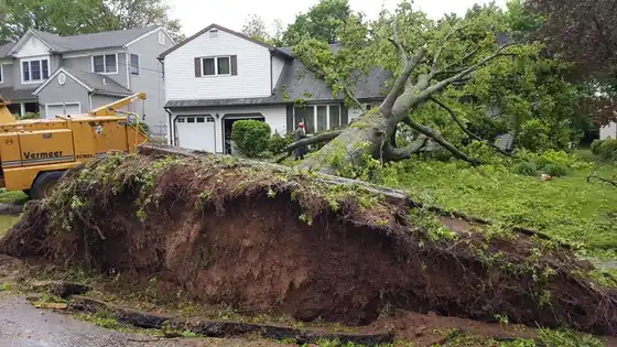 An uprooted tree beside a dump truck at the curb