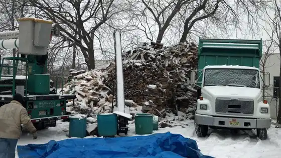 A green Live Oak dump truck and chip pile in snow