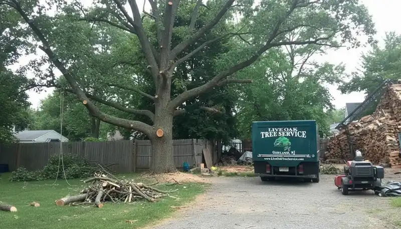 A freshly pruned shade tree in a Bergen County yard beside the Live Oak truck