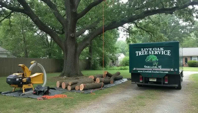 Pruned limbs cut to length beside a chipper under a large shade tree