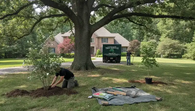 A young tree being planted in a lawn with the Live Oak truck parked behind